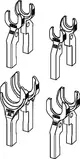 TECE Pressgabeln in zwei Ausführungen, eine Teil- und eine Vollgabel, zur Verwendung mit Handwerkzeugen, angeordnet in einem klaren, schematischen Design.